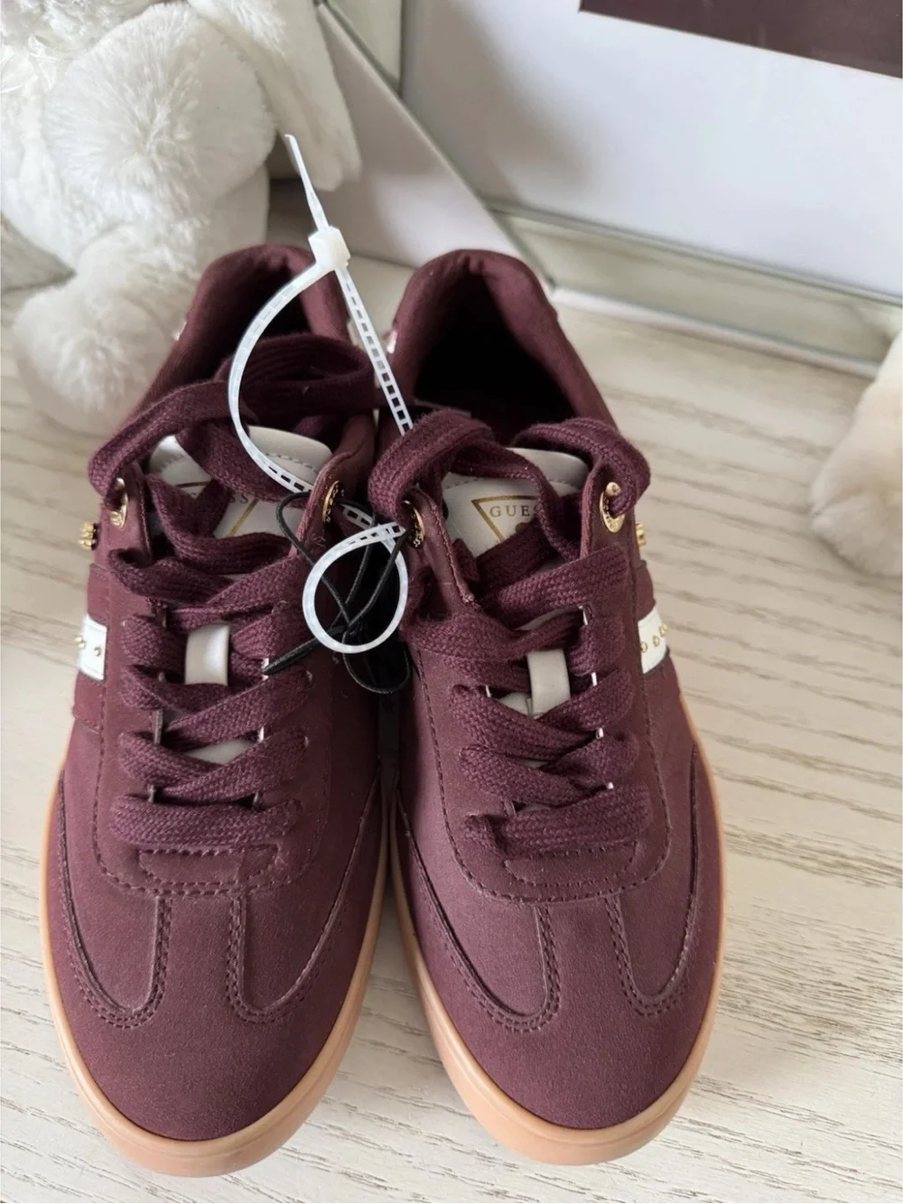 GUESS Maroon Suede Sneakers with White Stripe and Gum Sole